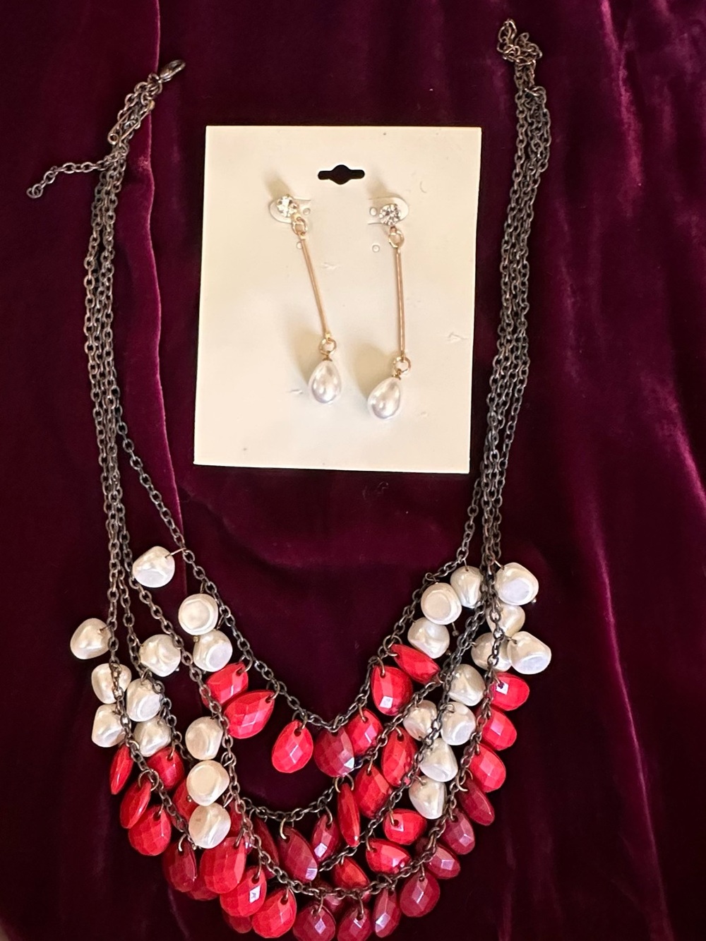 Statement Red and White Bead Multi-Strand Necklace and Pearl Drop Earrings